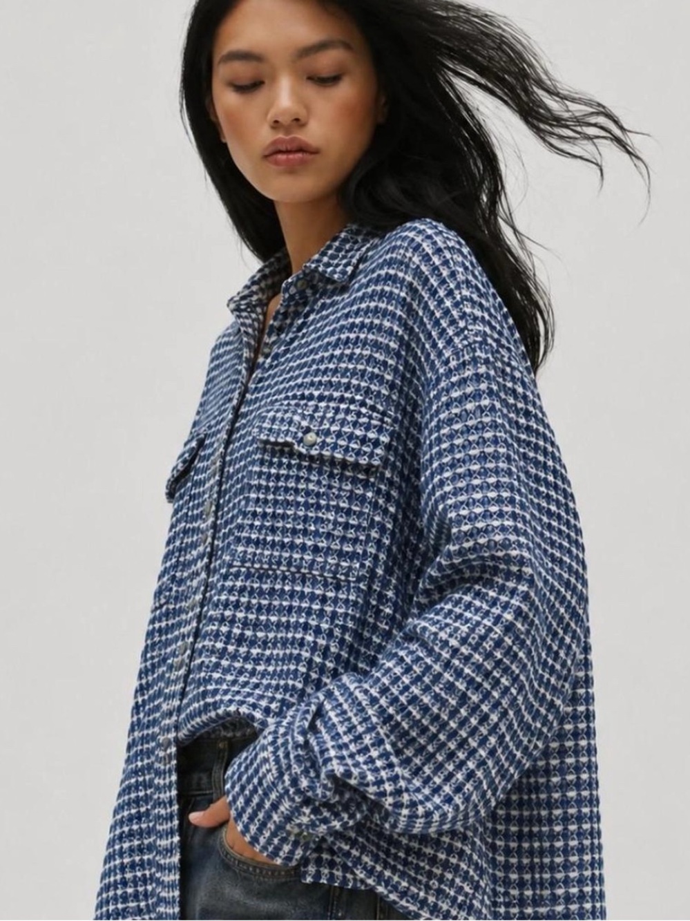 BDG Navy & White Patterned Waffle Shacket